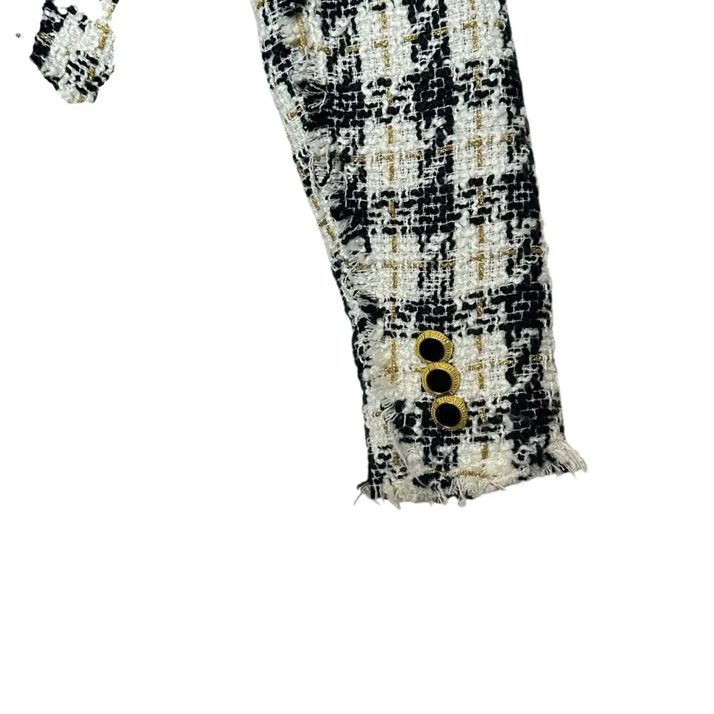 House of Harlow Plaid Tweed Metallic Fringe Wool Blend Blazer| S